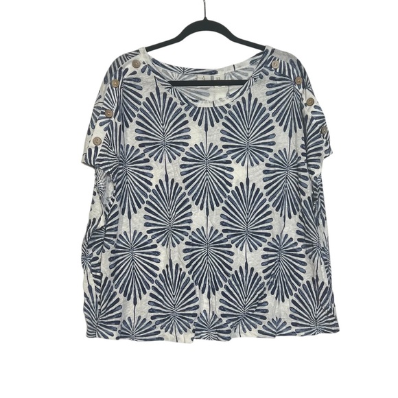Joie Linen Short Sleeve Top Button Shoulder Blue & White Tropical Size 2X Leaf - Picture 1 of 10